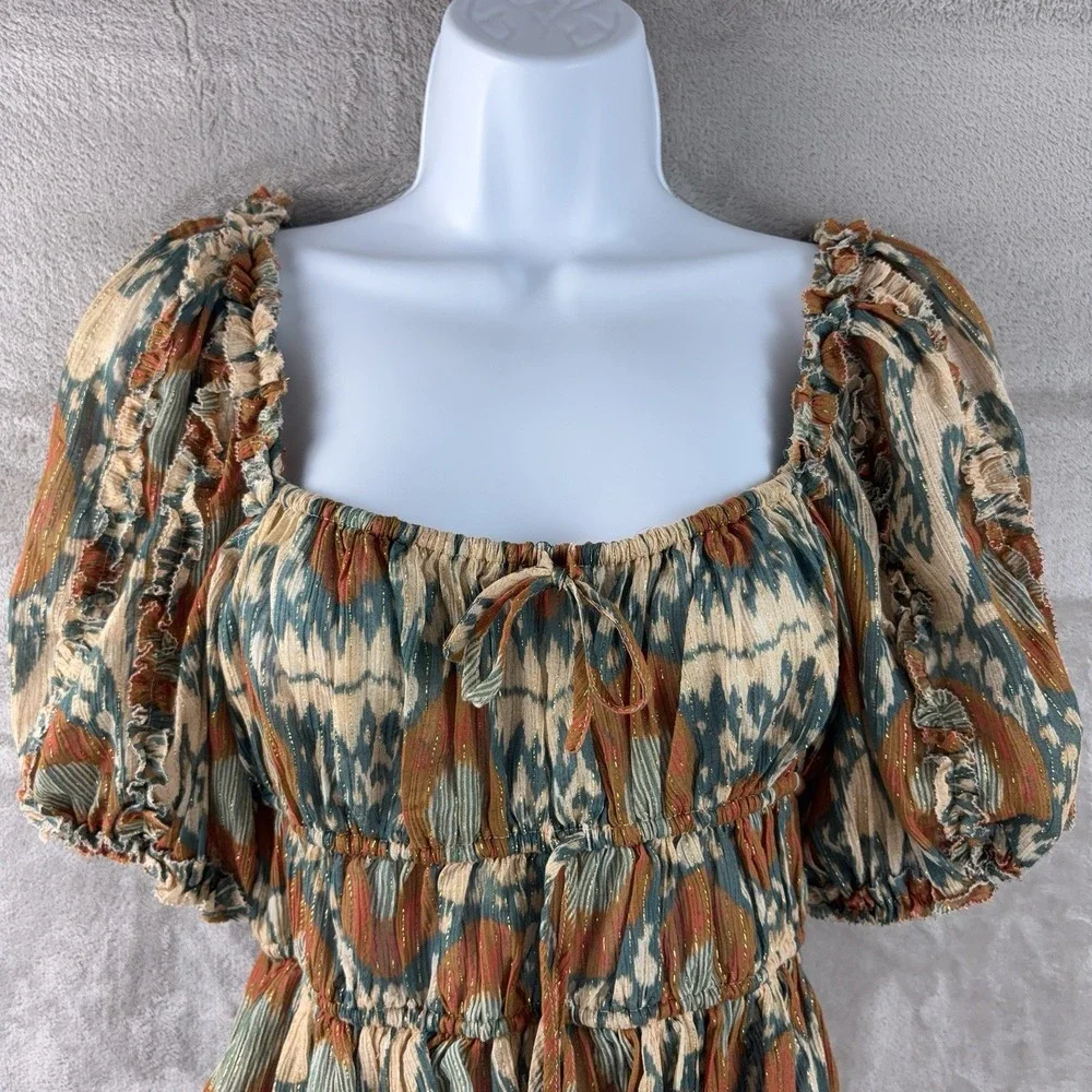 Ulla Johnson Medha Blouse Womens Size 2 Sage Green Puff Sleeve Ikat Print Top‎
